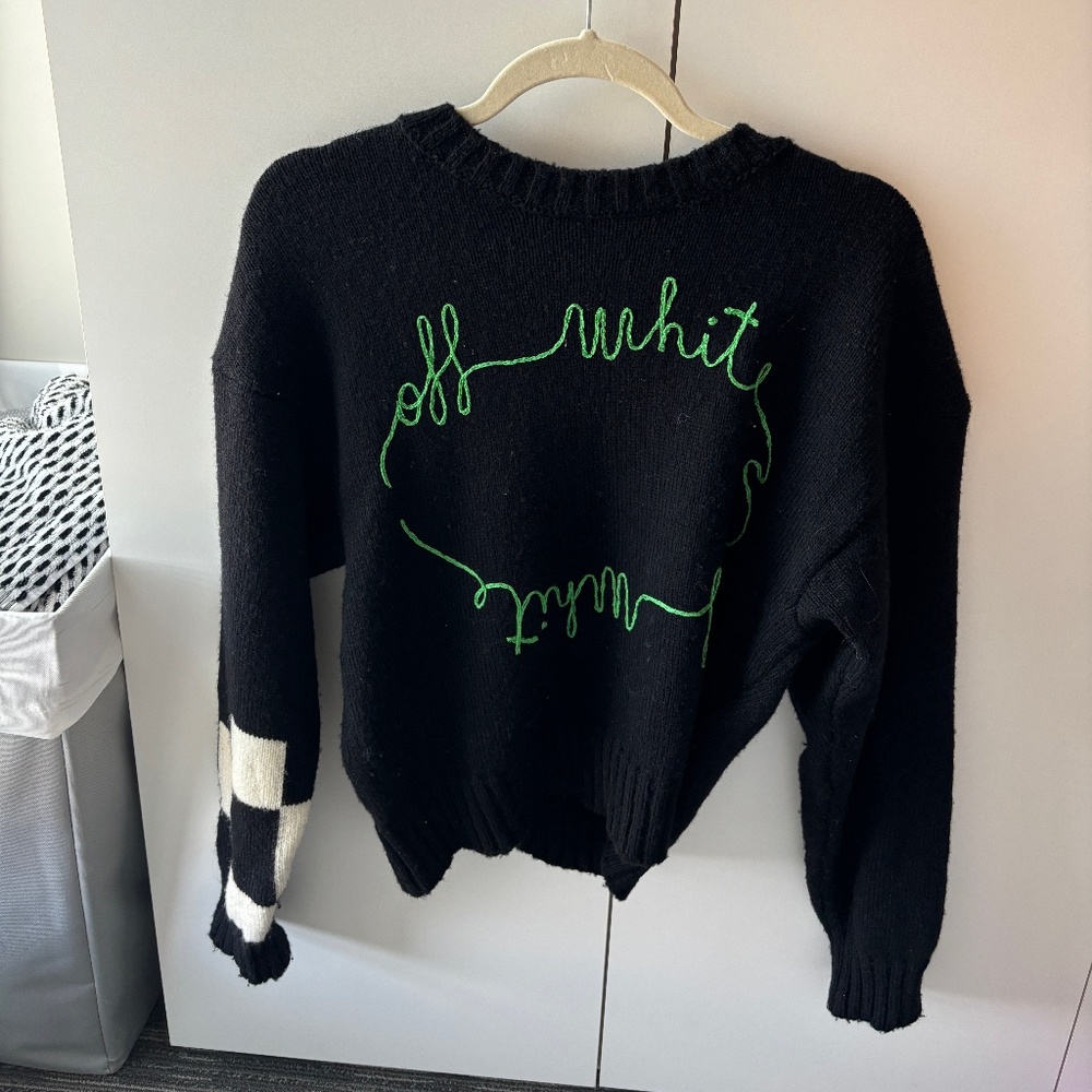Off White, Black sweater with checkered sleeve